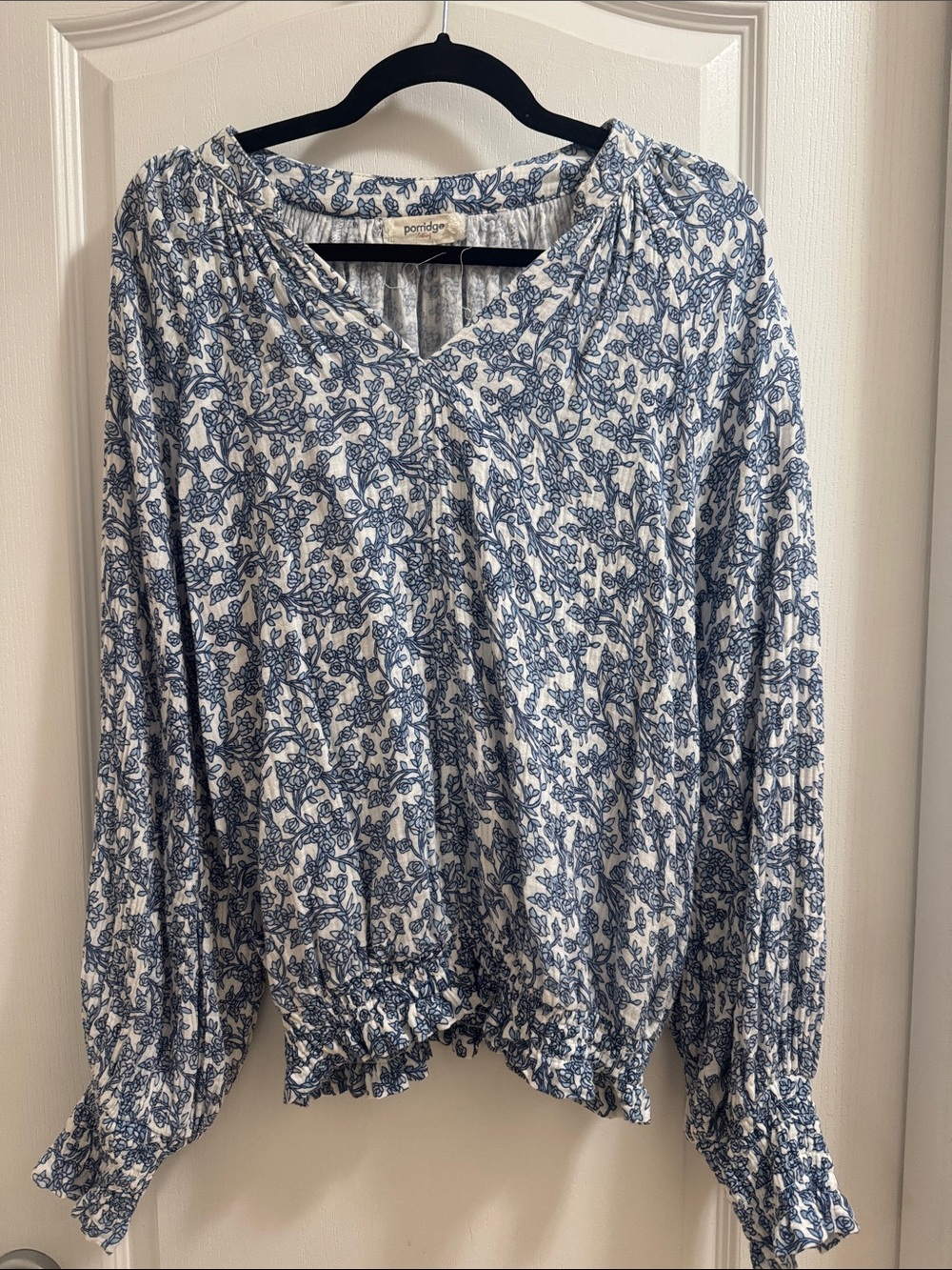 Anthropologie Blue and White Floral V-Neck Blouse
